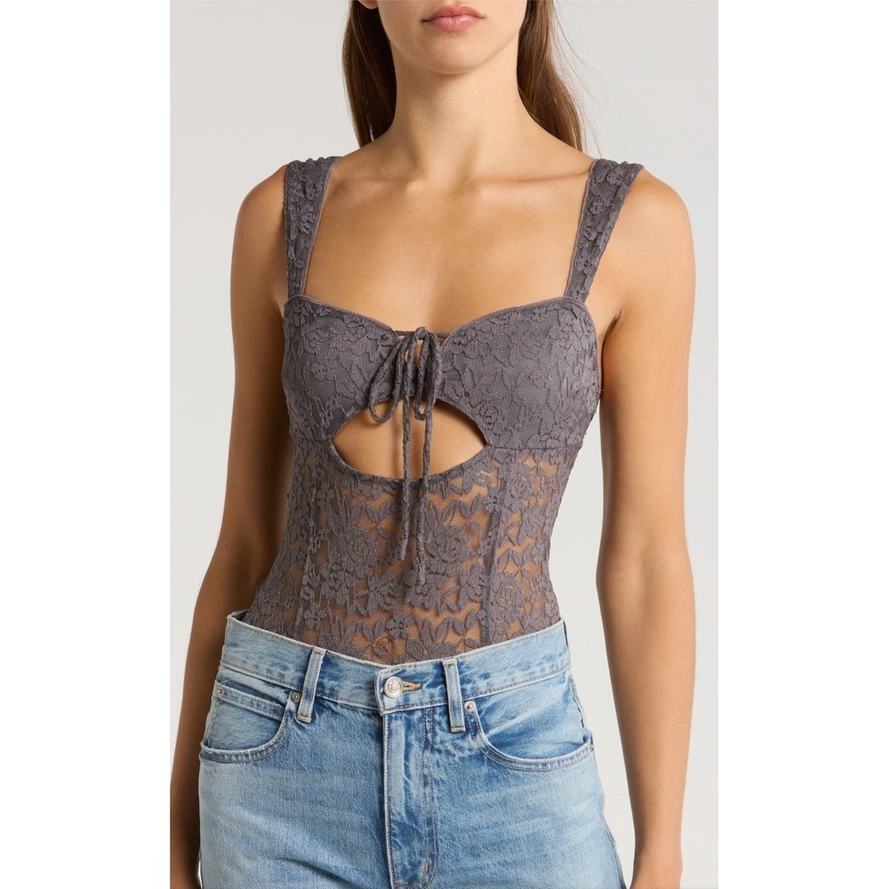 Free People Intimately Too Cute To Be True Lace Bodysuit Volcanic Glass XL NWT A